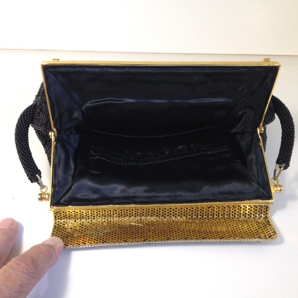 Vintage Black Beautifully Beaded Evening Handbag Gold Trim - Picture 5 of 12